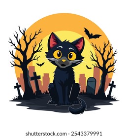 A black Halloween cat in a flat design