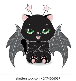 black Halloween a cat, with horns and wings of a bat.  Can be used for t-shirt print, kids wear fashion design, baby shower invitation Halloween card.