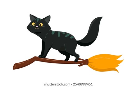 Gato negro de halloween. El gatito vuela en la escoba. Fiesta internacional otoñal del miedo y el horror. Misterioso animal doméstico. Cartel o Anuncio. Ilustración vectorial plana aislada sobre fondo blanco