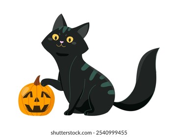 Gato negro de halloween. Gatito con calabaza. Fiesta internacional otoñal del miedo y el horror. Lindo animal doméstico. Pegatina de medios sociales. Ilustración vectorial plana aislada sobre fondo blanco