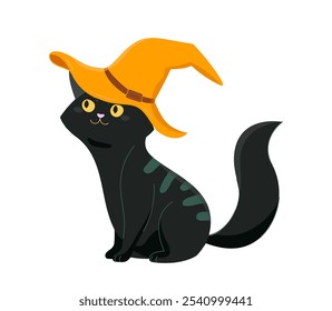 Gato negro de halloween. Gatito sentado en sombrero de bruja. Fiesta internacional otoñal del miedo y el horror. Misterioso animal doméstico. Mascota graciosa. Ilustración vectorial plana aislada sobre fondo blanco