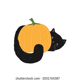 A black Halloween cat and a pumpkin. Cute doodle fluffy kawaii kitten. Trick or treat. Stock vector cartoon illustration on a white background.