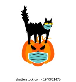 A Black Halloween Cat Sits On A Pumpkin. Safety Breathing Masks Corona Virus. 