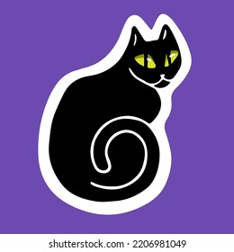 Black Halloween cat staring. Spooky creepy kitty, feline animal. Magic scary evil kitten sitting and looking. Helloween holiday pet monster. Isolated flat vector illustration