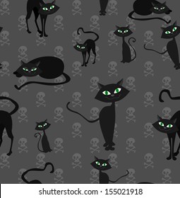 Black halloween cats and skulls on a gray background. Vector illustration.