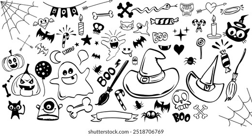 Black Halloween doddles set isolated on white background. Doodle halloween pattern