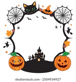 Black Halloween frame with orange pumpkins, bats and spiders on the web, with holiday attributes, the head of a black cat with green eyes, vector silhouette. 