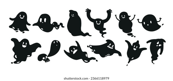 Black Halloween Ghosts Icons. Adorable Phantoms With Mischievous Expressions on White Background, Frightens