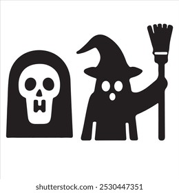 Black Halloween Ghosts Icons. Adorable Phantoms With Mischievous Expressions on White Background, Frightens