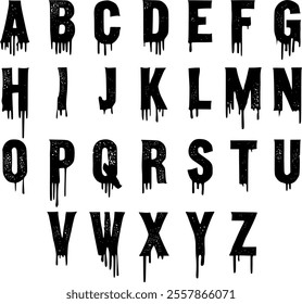 Black halloween grunge alphabet letters set, drip ink alphabet font, creepy horror alphabet, vector illustration, letters graphic, abc halloween, font bundle in upper case