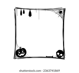 Black Halloween holiday frame with pumpkin, bats and spider in cobweb, vector cartoon scary border. Halloween holiday greeting card frame silhouette with skeleton skull bone, black bats and spiderweb