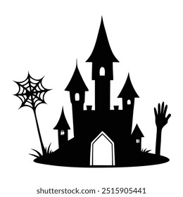 Black Halloween house. Silhouette Black castle , isolated on white background raster illustration