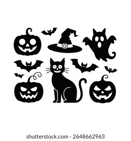 Black Halloween Icon Set Featuring Witch Hat, Ghost, Bats, Pumpkins, and Black Cat Silhouettes for Spooky Seasonal Crafts and Decor Designs.