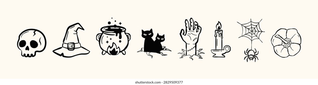 Black Halloween icon strip featuring a skull, witch hat, cauldron, black cat, creepy hand, candle, web and pumpkin.