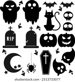 Conjunto de iconos negros de Halloween. Iconos de Halloween aislados en blanco. Conjunto de siluetas para la fiesta de Halloween. Plantilla gráfica de vacaciones de Halloween. calabaza, fantasma, araña, murciélago,  
 huesos. Ilustración vectorial.