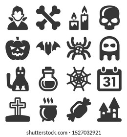 Black Halloween Icons Set on White Background. Vector