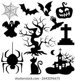 Black Halloween icons in the shape of spider, cobweb, bat, ghost, pumpkin, black cat, crow, cross on grave, haunted tree and haunted house isolated on white background.