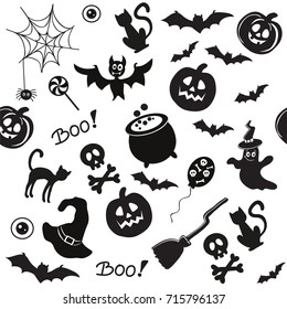 Black Halloween icons silhouette seamless pattern on a white background