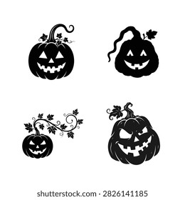 Black Halloween jack-o-lantern featuring a round pumpkin body, triangular eyes, toothy smile, long curled vine stem, and decorative leaf.