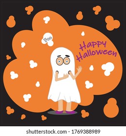 Black Halloween kids card with orange elements.A child in a ghost costume is hiding behind a wall.Top text boo. Happy Halloween text to the right.Flat vector illustration layered.Each layer is named