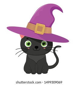 Black halloween kitty in witch hat. Cartoon style. Vector illustration