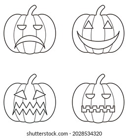 Black halloween logo set of pumpkin. Stiker pack of 4 jack o lanterns. Eps 10 vector halloween logo. Linear pumpkin icons for your cards, illustrations, projects, invitations. 