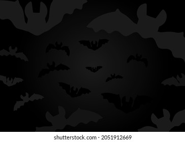 Black Halloween night background with flying bats. Minimalist black vector design for party invitation, card, shop banner or flyer.