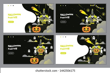 Black Halloween night event party with pumpkin invitation. landing page website, background and banner design template.