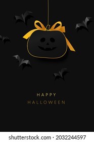 Black Halloween paper cut invitation card with pumpkin and bats on a background