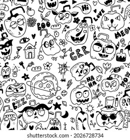 Black halloween pattern in retro style on white background. Vector design illustration.