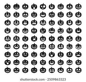 Black Halloween Pumpkin. Big Set pumpkin on white background. The main symbol of the Happy Halloween holiday. Black pumpkin with smile. Vector illustration.