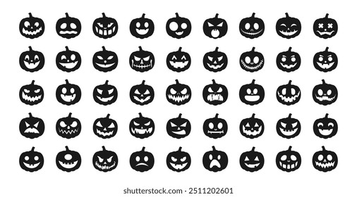 Black Halloween Pumpkin. Big Set pumpkin on white background. The main symbol of the Happy Halloween holiday. Black pumpkin with smile. Vector illustration.