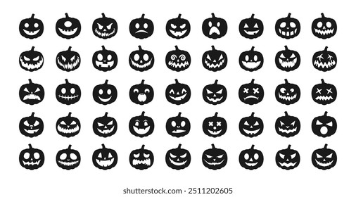 Black Halloween Pumpkin. Big Set pumpkin on white background. The main symbol of the Happy Halloween holiday. Black pumpkin with smile. Vector illustration.