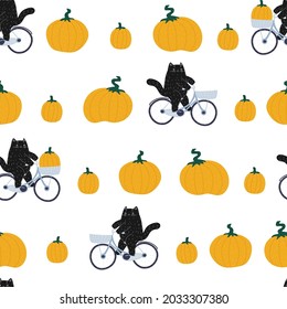 Black Halloween Pumpkin Cat Seamless Pattern. The Harvest Festival Pattern. A Cute Animal On A Bicycle. Stock Vector Illustration On A White Background.