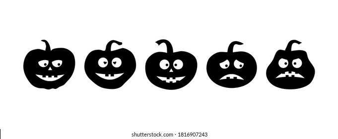 Black Halloween pumpkin icon set, scary face with different emotions. Vector illustration