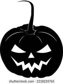 Black Halloween pumpkin. Jack O Lantern pumpkin spooky, scary carved smile. Autumn holiday. Fall mood. Halloween vector icon. Isolated on white background. Vector illustration.