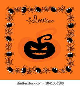 Black Halloween pumpkin on orange background with spiders frame. Great illustration for your design.