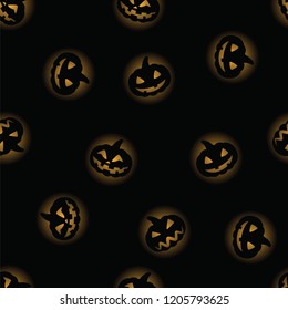Black halloween pumpkin with orange backlit pattern background. Halloween pumpkin face for celebration happy holiday seamless pattern