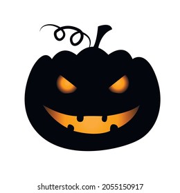 Black Halloween pumpkin with orange fire eyes and mouth. Smiling. Digital vector illustration for Halloween party, sticker, banner, poster, face mask.