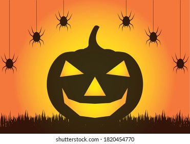 Black halloween pumpkin and spiders on orange background.