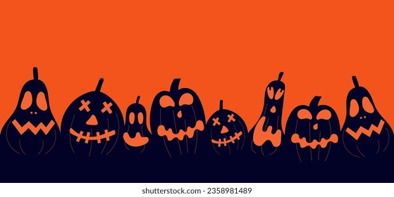 Black Halloween pumpkins border on orange background. Carved pumpkin jack o  lantern characters. Spooky and angry carved faces for autumn holiday .