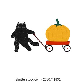 Black Halloween pumpkins cat with red wagon. Fat cute Hand drawn doodle cat pushing a cart. Happy smiling flat cartoon kitten on a white background.
