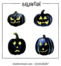 Black halloween pumpkins of different shapes. Vector elements for design. Watercolor style