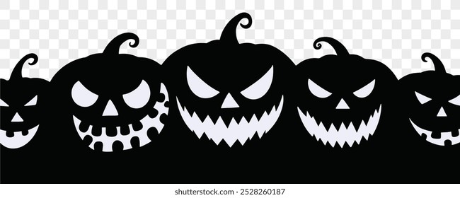 Black Halloween pumpkins with spooky faces on a transparent background. Perfect for Halloween-themed designs, banners, invitations, and social media posts. vector 