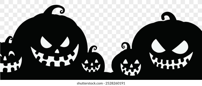 Black Halloween pumpkins with spooky faces on a transparent background. Perfect for Halloween-themed designs, banners, invitations, and social media posts. vector 