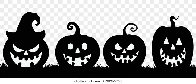 Black Halloween pumpkins with spooky faces on a transparent background. Perfect for Halloween-themed designs, banners, invitations, and social media posts. vector 