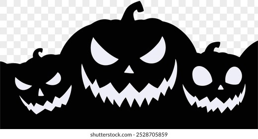 Black Halloween pumpkins with spooky faces on a transparent background. Perfect for Halloween-themed designs, banners, invitations, and social media posts. vector 