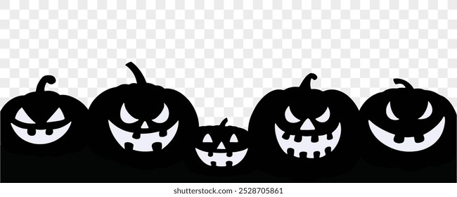 Black Halloween pumpkins with spooky faces on a transparent background. Perfect for Halloween-themed designs, banners, invitations, and social media posts. vector 