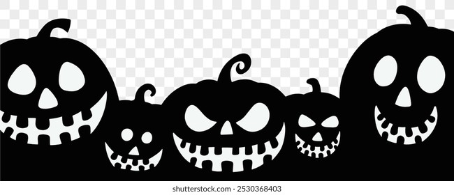 Black Halloween pumpkins with spooky faces on a transparent background. Perfect for Halloween-themed designs, banners, invitations, and social media posts. vector 