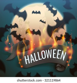 Black Halloween ribbon installation. Space for inscriptions. Bats on background. Burning tape. Vector illustration.